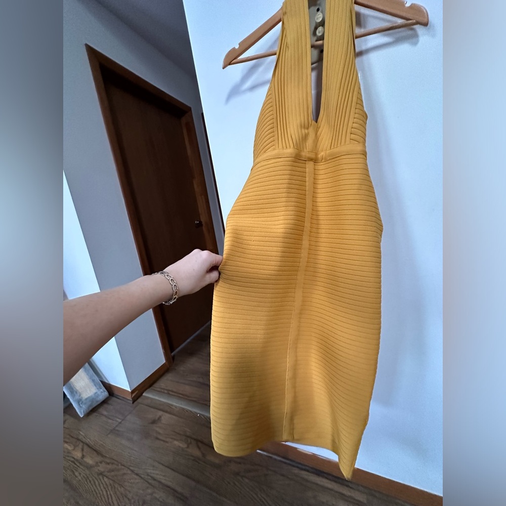 SUPER STRETCHY OPEN BACK HALTER BODYCON DRESS MUSTARD COLOR